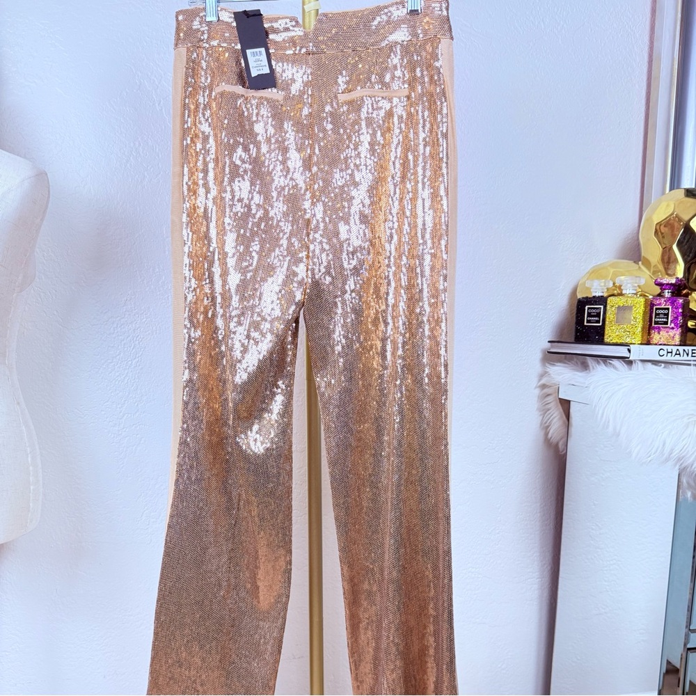 NWT Rachel Zoe Champagne Rose Gold Luxe Glam Sequin Side Stripe Trousers 8 - Picture 4 of 12